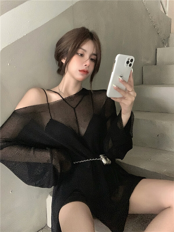 여름 섹시한 여성 비치 커버 업, 한국 스타일 루즈 블랙 할로우 긴팔 시스루 탑, 2022 신상