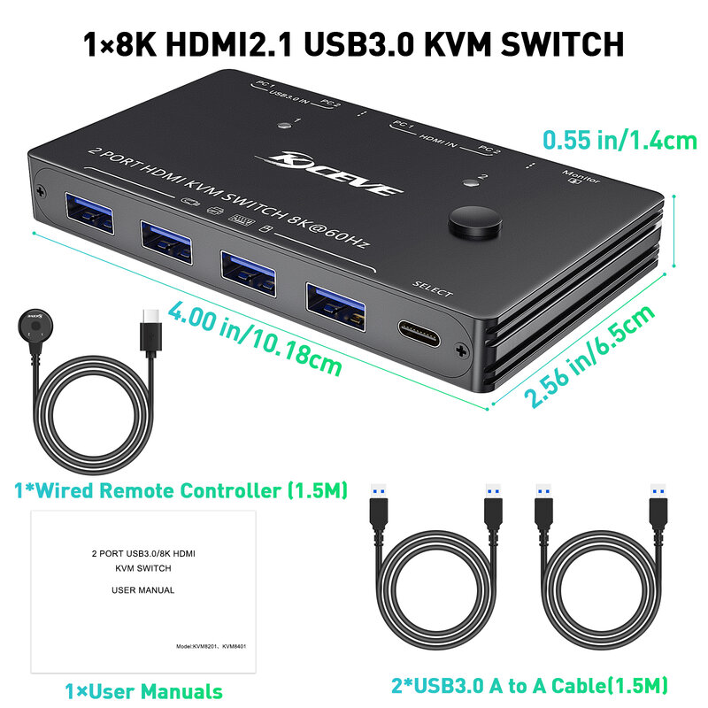 USB KVM Switch USB 3.0 Switcher 4K HDMI-compatible KVM Switch 2 In 1 Out for 2 PC Sharing Keyboard and Mouse EDID / HDCP Printer