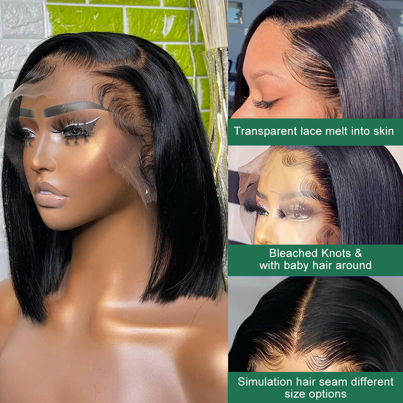 Perruque Bob Lace Front Wig naturelle lisse, cheveux humains, 13x4, Full Density 180%, transparente HD, ultraviolette, pour femmes