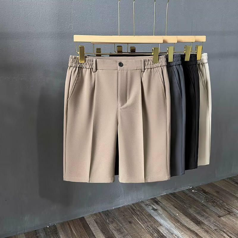 Summer Casual Shorts Men's Elastic Waist Summer Thin Business Solid Color Knee-length Pants Black Khaki Brown Gray