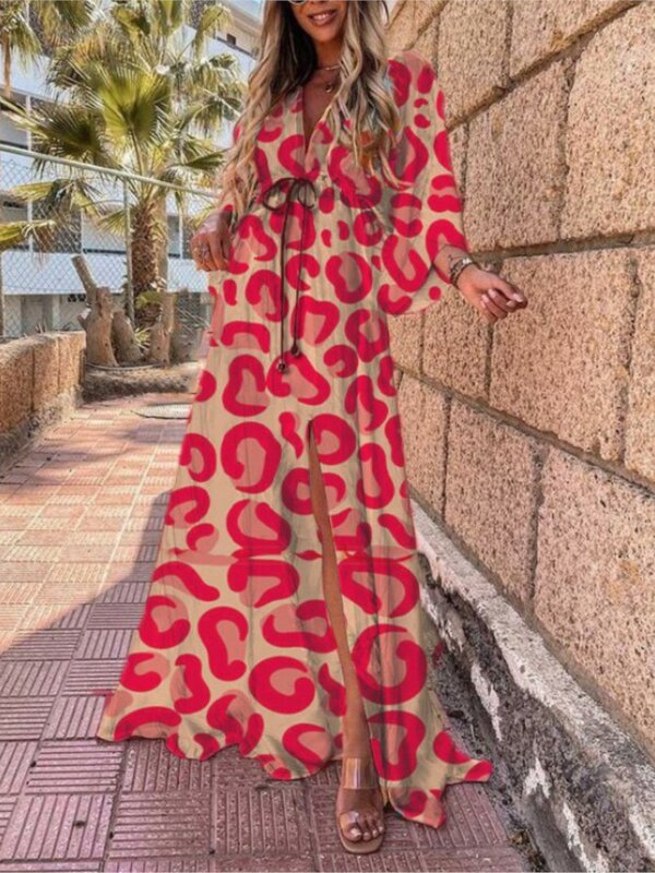 2024 primavera estate abiti lunghi stampati per le donne moda scollo a v Bohemian Beach fessura Dress Casual Vacation Ladies Maxi Vestidos