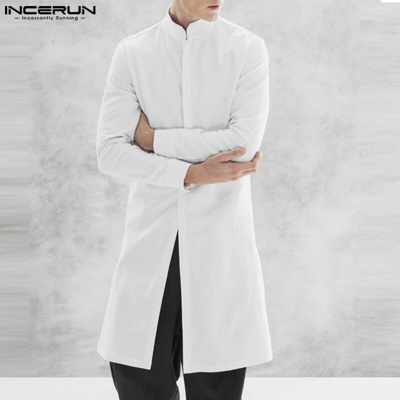 INCERUN-Camisa de manga larga para hombre, caftán musulmán de algodón, ropa de calle árabe e islámica, S-5XL, 2023