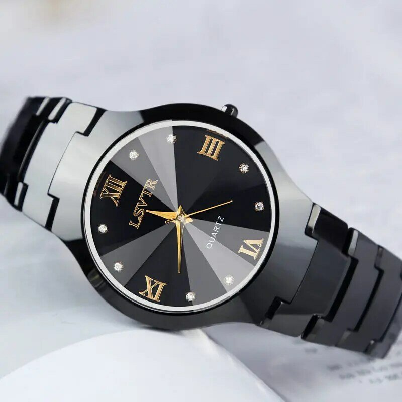 Jam tangan pasangan wanita, arloji Quartz kalender tanggal warna baja Aloi