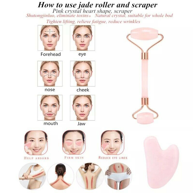 3PCS/set Rose Quartz Jade Roller Facial Massager Gua Sha Mask Brush