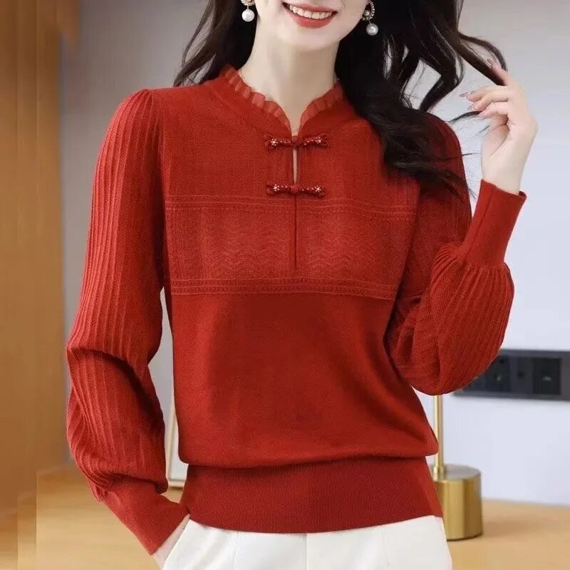 Camisola de gola cheongsam feminina, pulôver com gola redonda, camisa de assentamento, malhas femininas, alta qualidade, nova primavera, outono