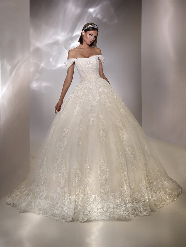 Gaun pengantin bahu terbuka 2024, gaun pernikahan elegan motif Appliqué lantai model klasik A Line Vestidos De Novia