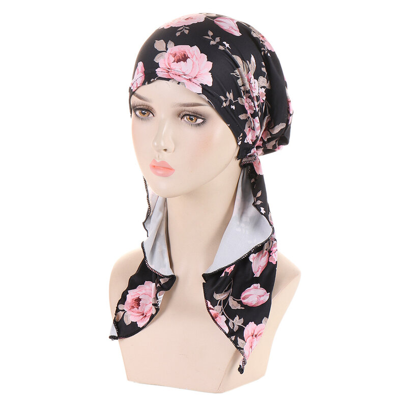 Topi Dalaman Kemo wanita pra-diikat motif bunga Hijab Muslim Turban bandana penutup kepala bungkus Bonnet kanker topi rambut rontok kepala bungkus