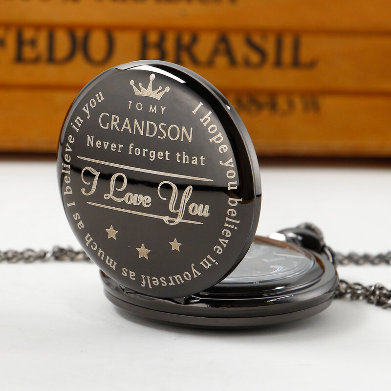 "To My Grandson" Engraved Quartz Pocket Watch Necklace Casual Practical Birthday Gift Souvenir