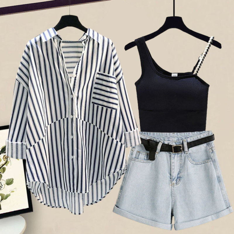 Женский комплект из трех предметов, стильная полосатая Солнцезащитная рубашка, универсальные облегающие джинсовые шорты с подтяжками для весны и лета
