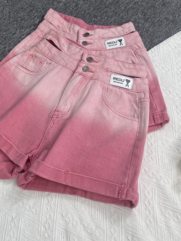 Women's Pink Denim Shorts High Waist Wide Shorts Harajuku Y2k Casual Vintage Korean Style A-line Jeans Short Pants Summer 2023