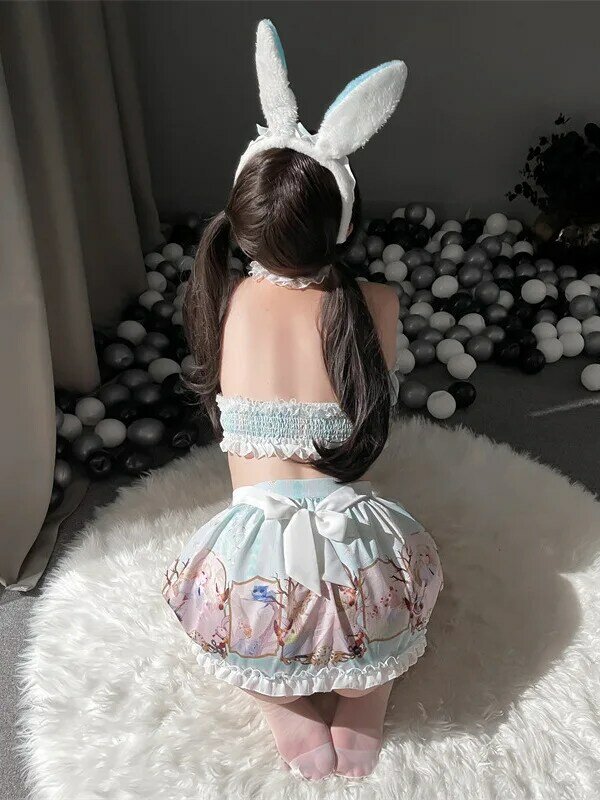 Seksowna pokojówka z nadrukiem Lolita uroczy królik mundur zestaw spódnic prześwitująca zakrętka tubki słodka piękny styl letnia kobieca rola fabularna RCL0