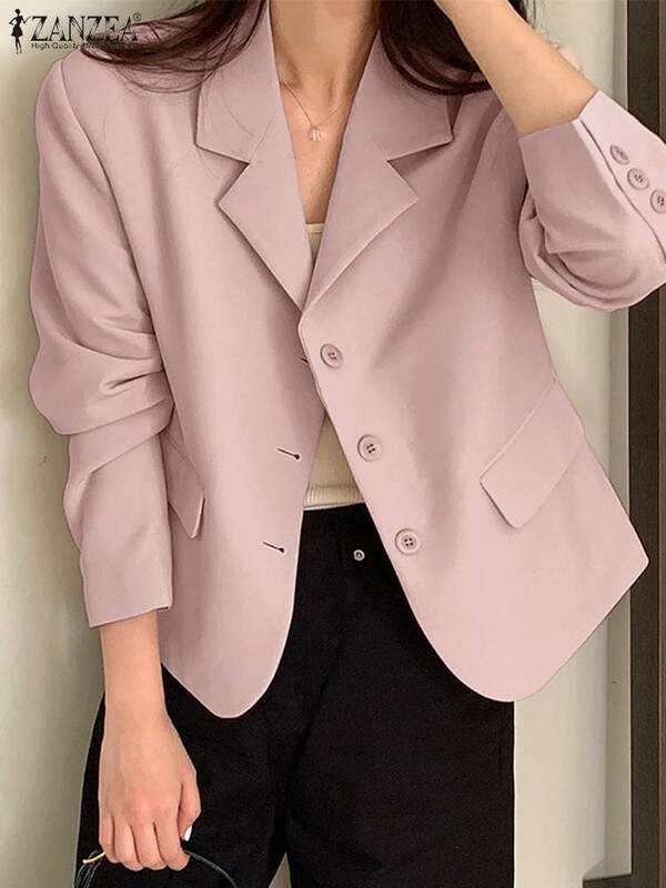 Модный офисный Блейзер ZANZEA, женская блузка с длинным рукавом и отворотом, повседневные куртки на пуговицах, блузы, рабочая женская верхняя одежда