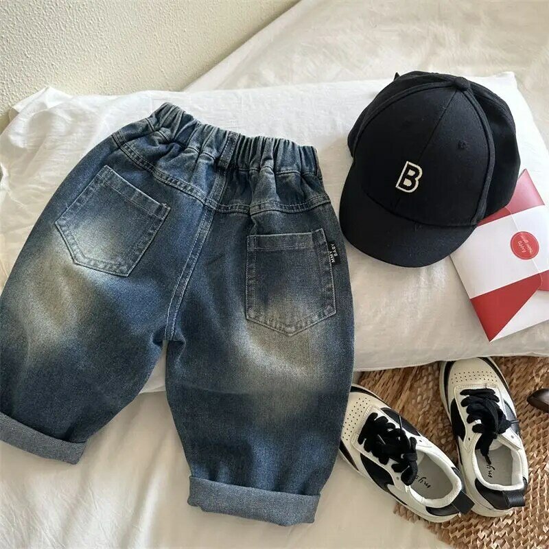 Children's Clothing Trousers 2023 Spring New Boys and Girls Color Blocking Ripped Jeans Baby Leisure Straight-Leg Pants