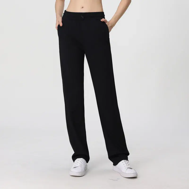 Pantalon de yoga pour femme, vêtement de fitness, amincissant et respirant, en coton, noir, jambes droites et larges