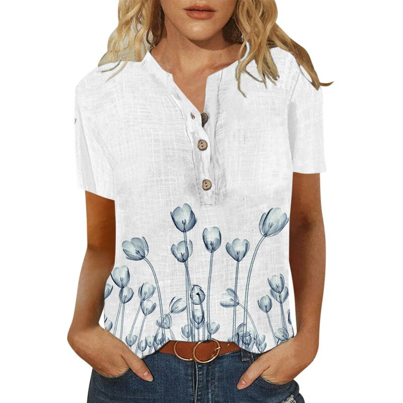 Tops für Frauen Kurzarm Sommer Mode lässig trendig bedruckte T-Shirt Knopf Ausschnitt T-Shirts Damen Blusen 2024