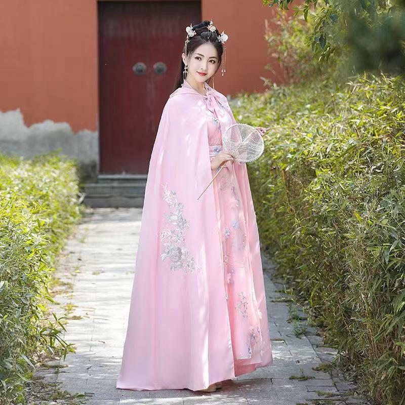 핑크 중국 한푸 망토, 여성 소녀 빈티지 따뜻한 시크 자수 후드 케이프 코트, 고대 코스프레 공주 외투