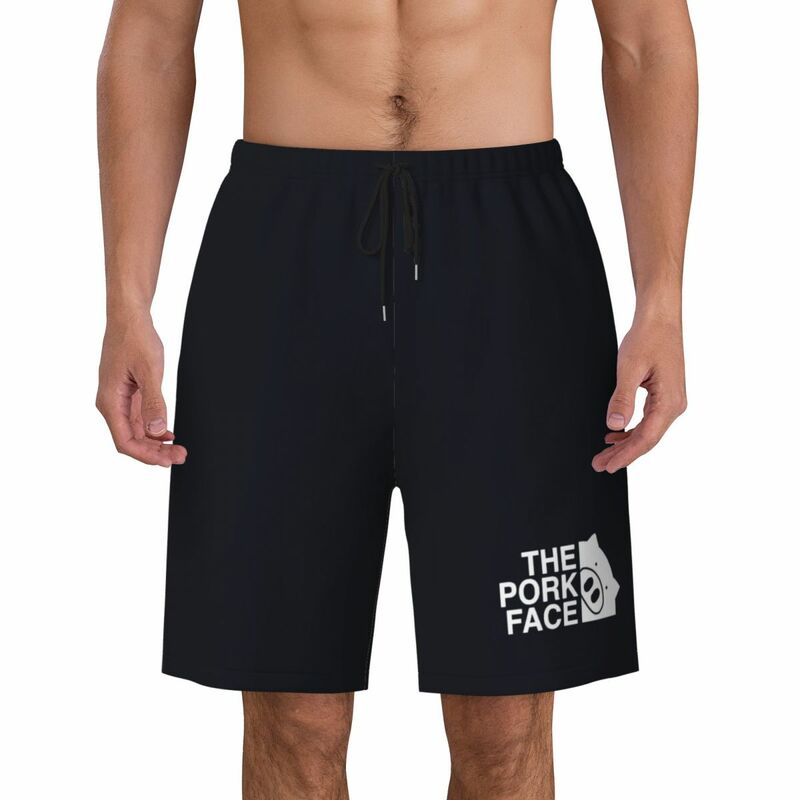 O rosto de porco logotipo bordo shorts, porco animal casual praia calças curtas, homem esportes troncos respiráveis, verão