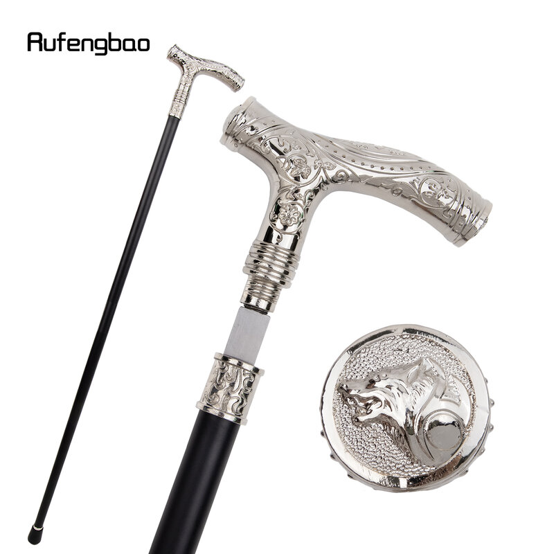 White Wolf Head Flower Single Joint Walking Stick with Hidden Plate Self Defense Fashion Cane  Cosplay Crosier 93cm