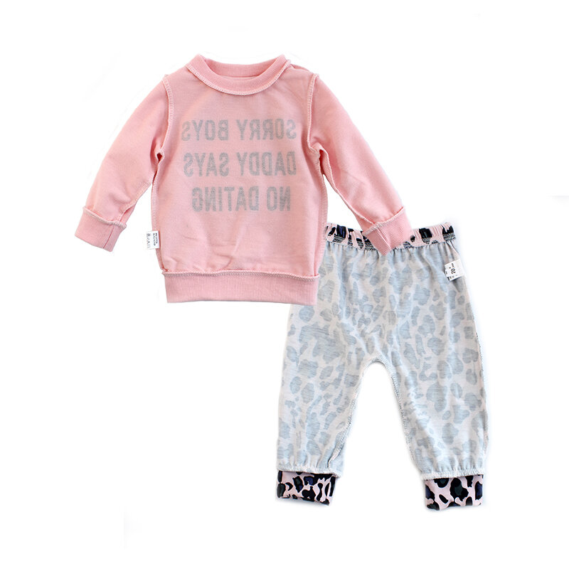 Baby Girl Fashion Leopard zestaw ubranek niemowlęcych różowy list nadruk długi rękaw opaska jesienna nowonarodzona odzież niemowlęca 3 szt stroje