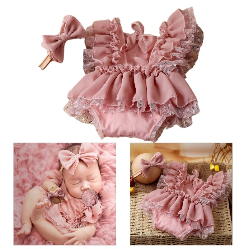 Infant Girl New Year Costume Lace Dress Bowknot Hairband Baby Photography Suit DropShipping