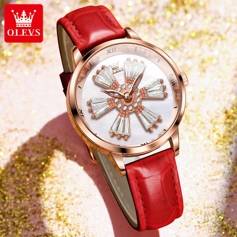 OLEVS jam tangan kristal wanita, arloji Dial kristal dapat diputar untuk wanita, gelang kulit kasual olahraga Relógio Feminino
