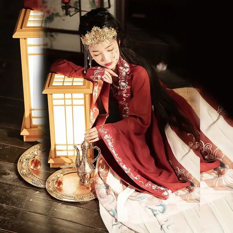 Hanfu gaun dansa wanita tradisional Cina, Hanfu karnaval putri kostum Cosplay panggung Hanfu biru & merah