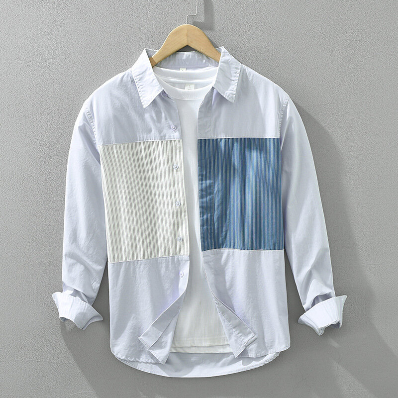 New Long Sleeves Men's Shirts Japanese Style Causal White Shirt Lapel 100% Cotton Patchwork Striped Shirt Youth Fashion Tops Men