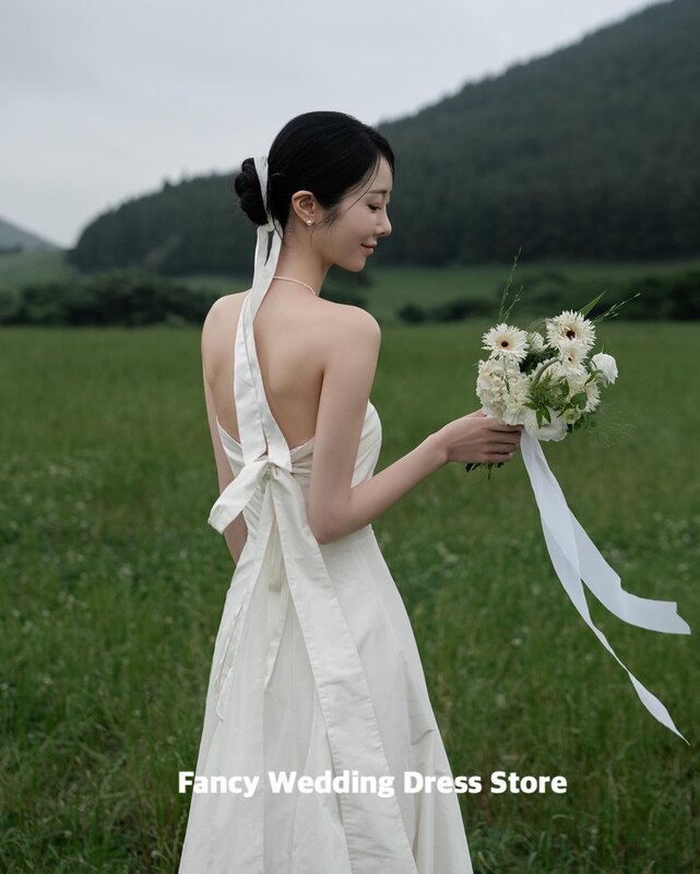 Fantazyjna prosta suknia ślubna Korea wysokiej jakości bez ramiączek wiązanie na pięcie suknia ślubna o długości suknie wieczorowe