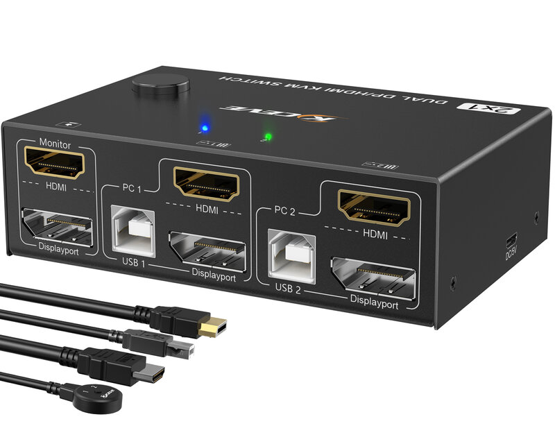 Kceve จอคู่ KVM Switch HDMI และ DP 2พอร์ต4K @ 60Hz HDMI DP ตัวขยายสวิตช์แสดงผลสำหรับคอมพิวเตอร์2เครื่องร่วมกับจอ2เครื่อง