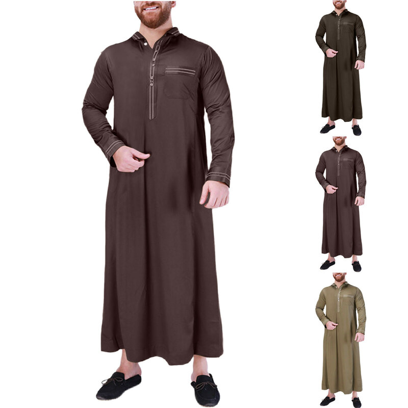 Męska muzułmańska szata letnia casualowa pod szyją jednolity kolor środkowo-wschodnia arabska z długim rękawem etniczna szata Jubba Thobe męska Abaya