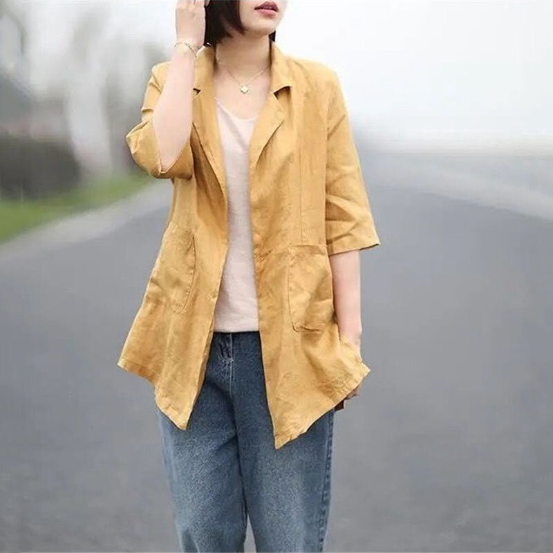 Retro Button Cotton Linen Suit Jacket Female 2024 New Women's Spring summer Autumn Casual Coat Tops Thin Fashion Suit Coat