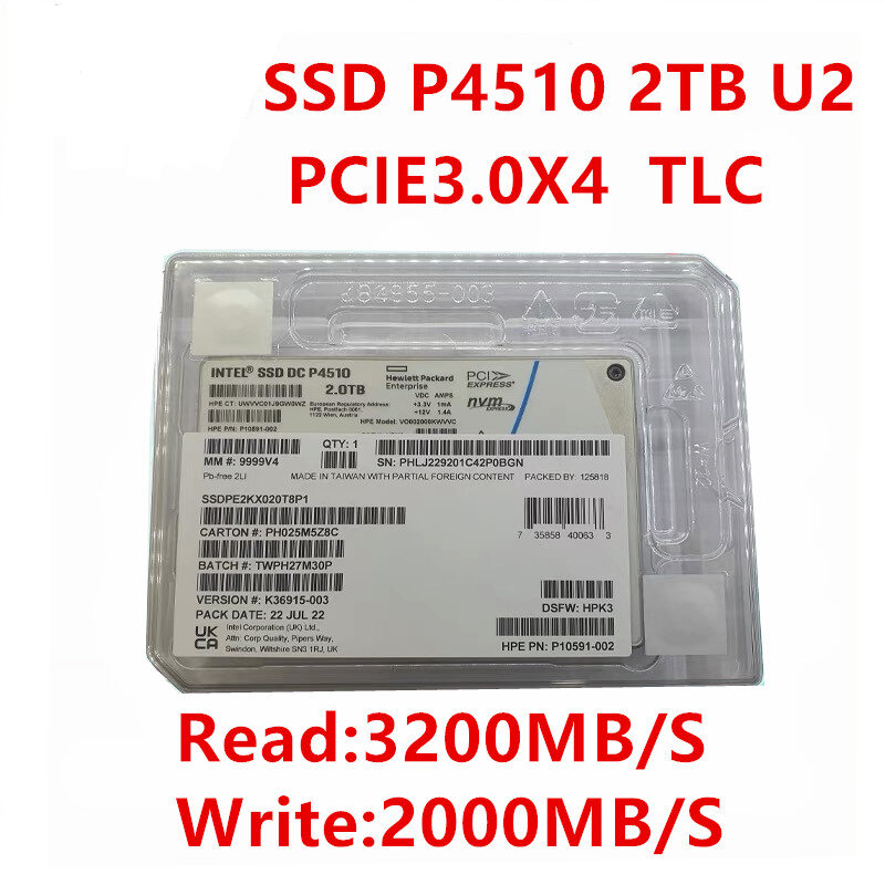 SSD d'origine pour Intel P4510 2T Enterprise, version HP, interface U.2, protocole NVcloser