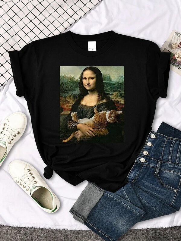 T Shirts Mona Lisa Hugging Cat Lovely Cute Printed T-Shirt For Women'S Crewneck Gothic Women Tshirt Casual Oversize Tee Shirts
