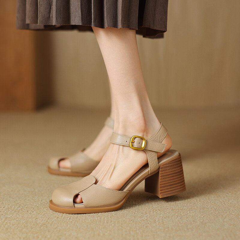 RIZABINA-Sandálias de couro real para mulheres, dedo do pé fechado, fivela de metal, salto alto grosso, sapatos de verão, sapatos casuais diários, tamanho 36-40