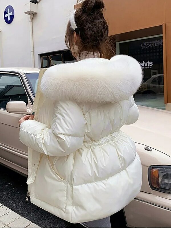 Новая модная пуховая куртка, женское Свободное пальто с большим воротником из лисьего меха и капюшоном