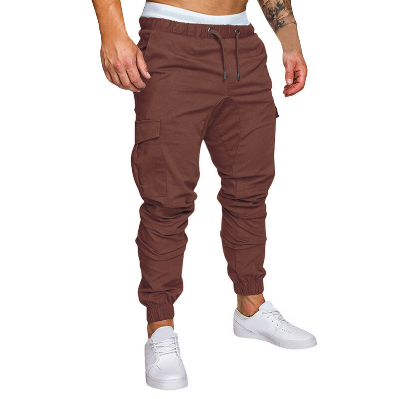 Men Cargo Pants Solid Color Elastic Waist Drawstrings Pockets Trousers Hip Hop Outdoor Sports Hiking Jogger Fitness Bottoms Male