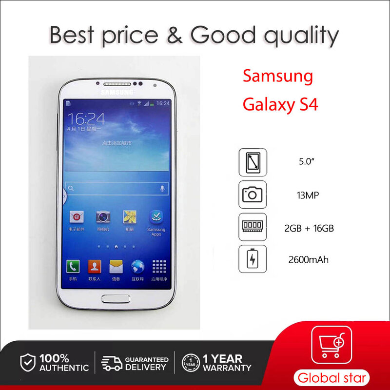 Samsung-Galaxy S4 I9500 Smartphone, Usado, 3G Octa-Core, 5.0 ", 2GB de RAM, 16GB ROM, Câmera 13MP, NFC, Android, Original