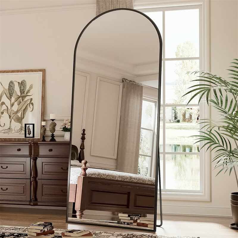 Изогнутое зеркало в полную длину, черная подставка с HD-изображением, алюминиевая рамка, стойкая к коррозии, для гостиной, 71 × 28 дюймов