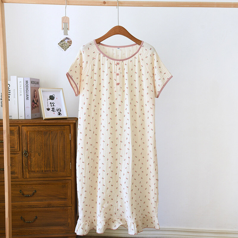 Soft Comfortable Short Sleeved Home Pajamas For Women Summer New Print O-Neck Nightgown Korean Simple Loose Ladies Nightdress