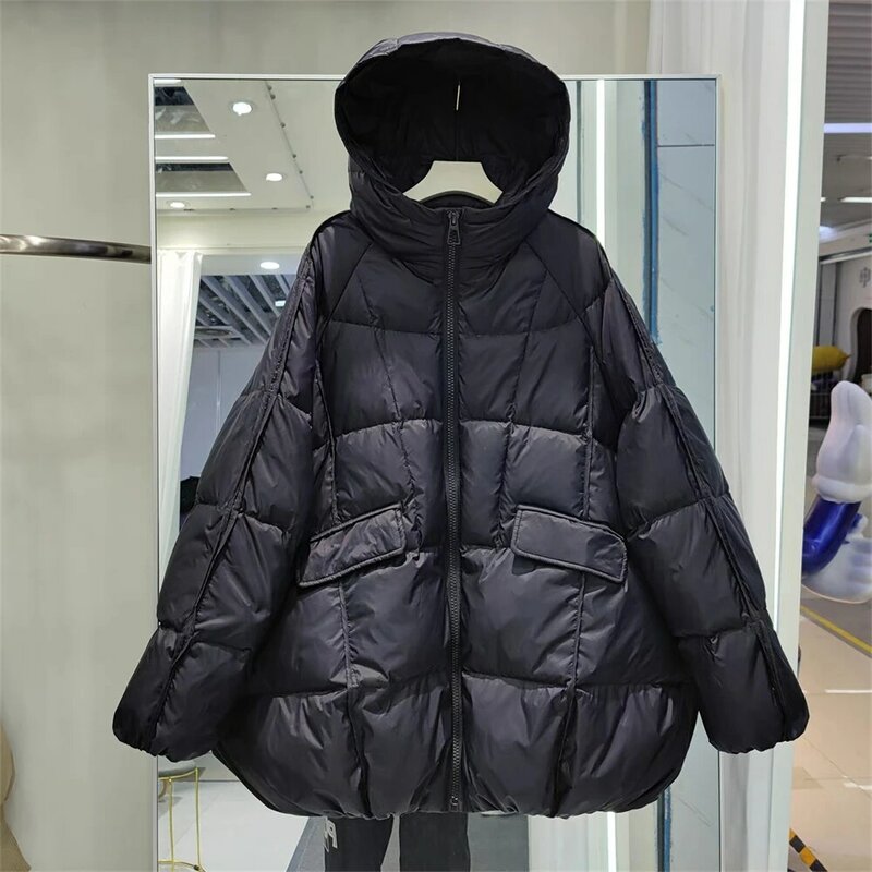 New Fashion Down Coat Women's Mid length Loose Large Cape Hooded White Duck Down Coat
