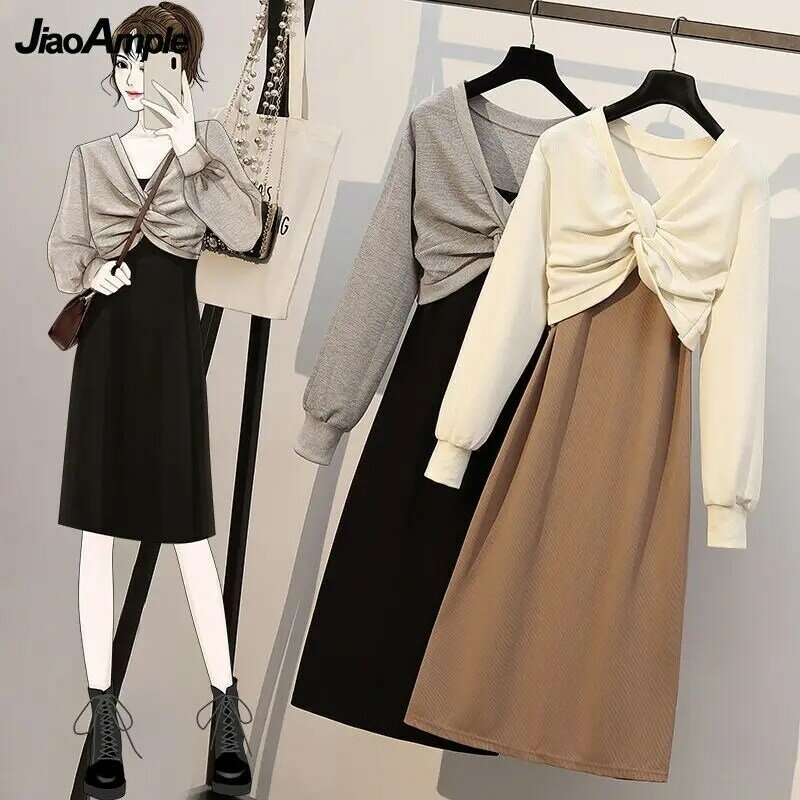 Damen Herbst Winter Mode 1 oder zweiteiliges Kleid Set koreanische Dame lässig kurze Pullover Schlinge Kleider Outfits grau T-Shirt