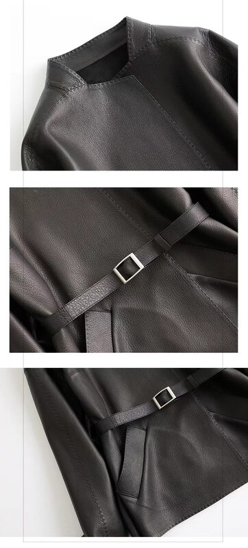 Женское кожаное пальто в японском стиле Харадзюку, Элегантная короткая куртка из овечьей кожи с квадратным вырезом и поясом в виде вены, кофейная куртка