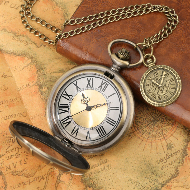 Reloj de bolsillo de bronce para hombre y mujer, cronógrafo con número romano, movimiento de cuarzo, cadena, medio cazador, colgante, brújula