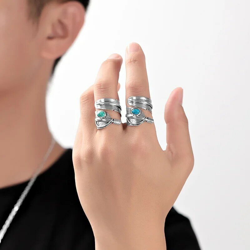 S925 Sterling Silver Vintage Trend Personality Feather Ring Couple Blue turquoise set double wide open ring