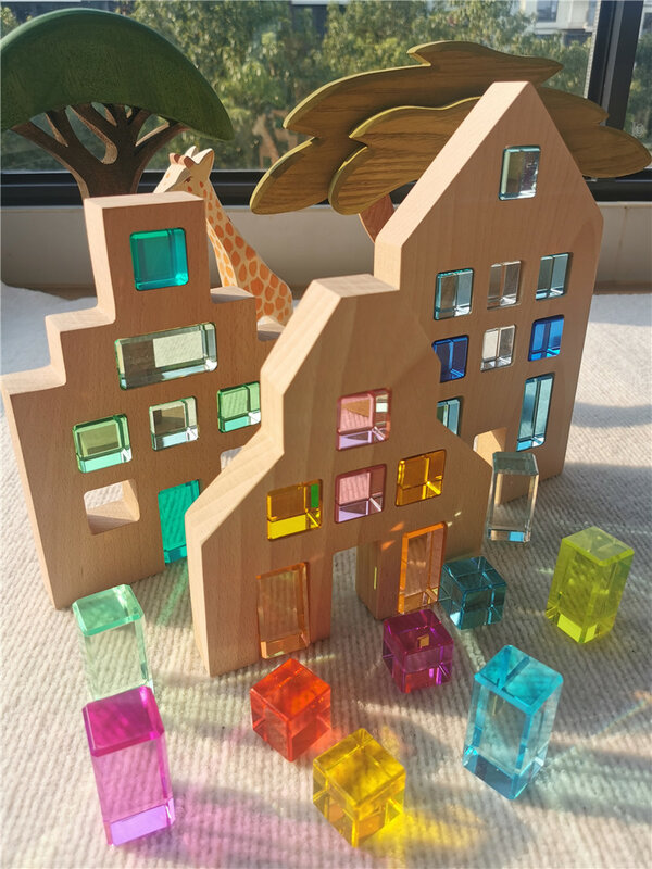 Kids Montessori Wooden Toys Large Dutch Wood House Big Wall Lucite Cube Creative Education Blocks Birthday Gift