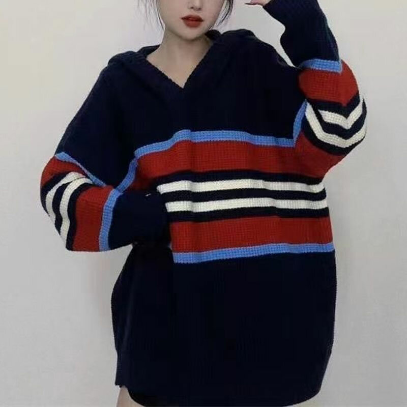 Женский трикотажный свитер с капюшоном, Свободный вязаный джемпер контрастных цветов в полоску, повседневная одежда в Корейском стиле на осень и зиму