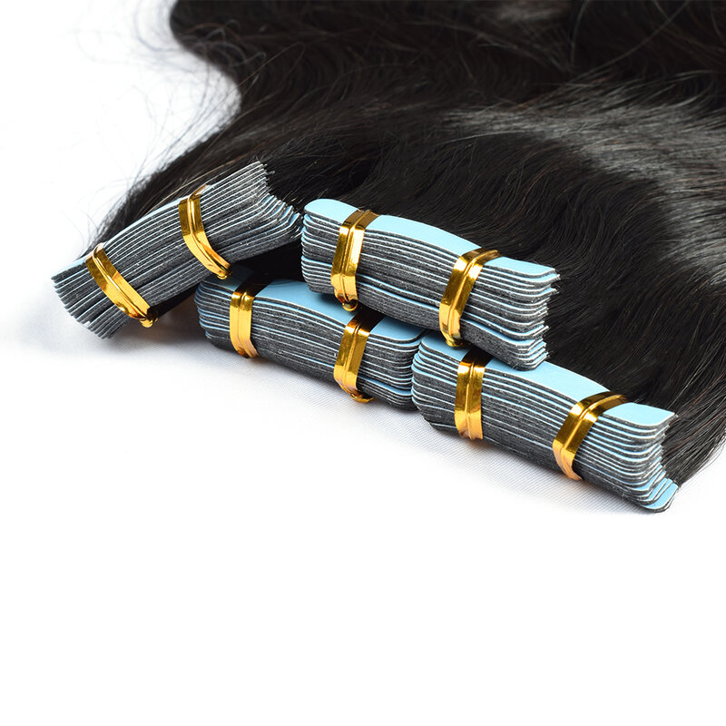 Remy cabelo humano corpo onda extensões para mulheres, 100% cabelo humano real, trama da pele, cola adesiva no salão, alta qualidade, 1B
