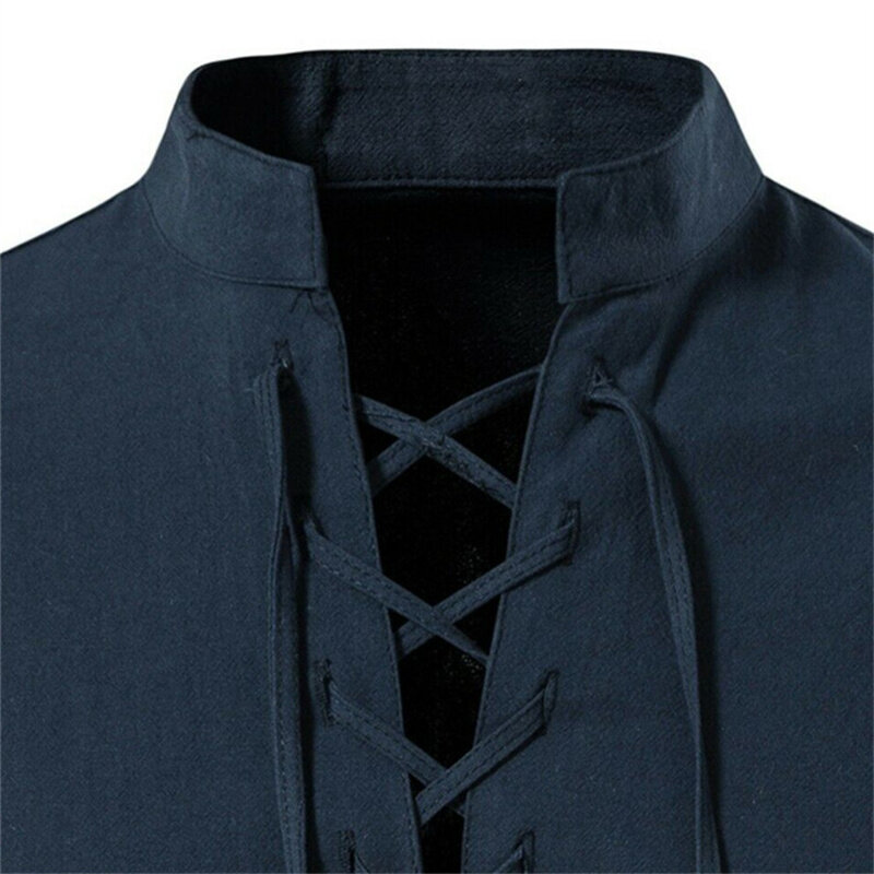 2022 New Men's V-neck shirt T-shirt Fashion Vintage Thin Long Sleeve Top men Casual Breathable  Front Lace Up man Shirts