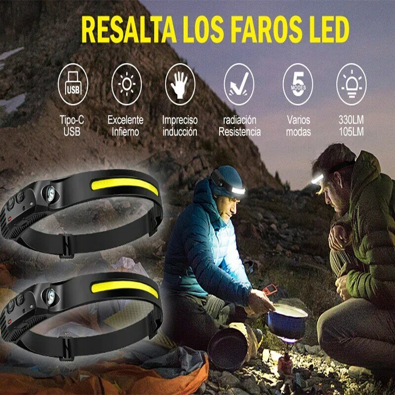Linterna frontal recargable por USB, superbrillante, resistente al agua, ideal para caza y Camping