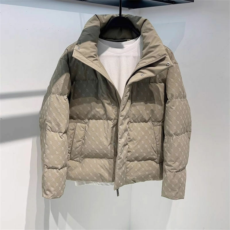 2023 men's down jacket fashionable printed short stand up collar thickened white duck down jacket